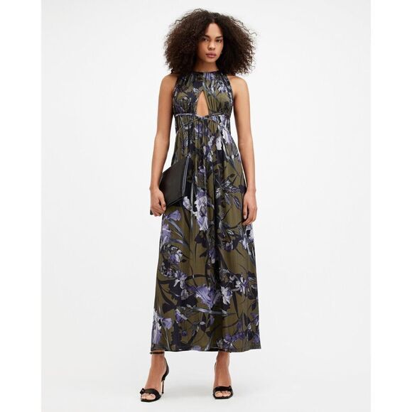 All Saints Botanical Maxi Dress in Green and Purple - Picture 1 of 12